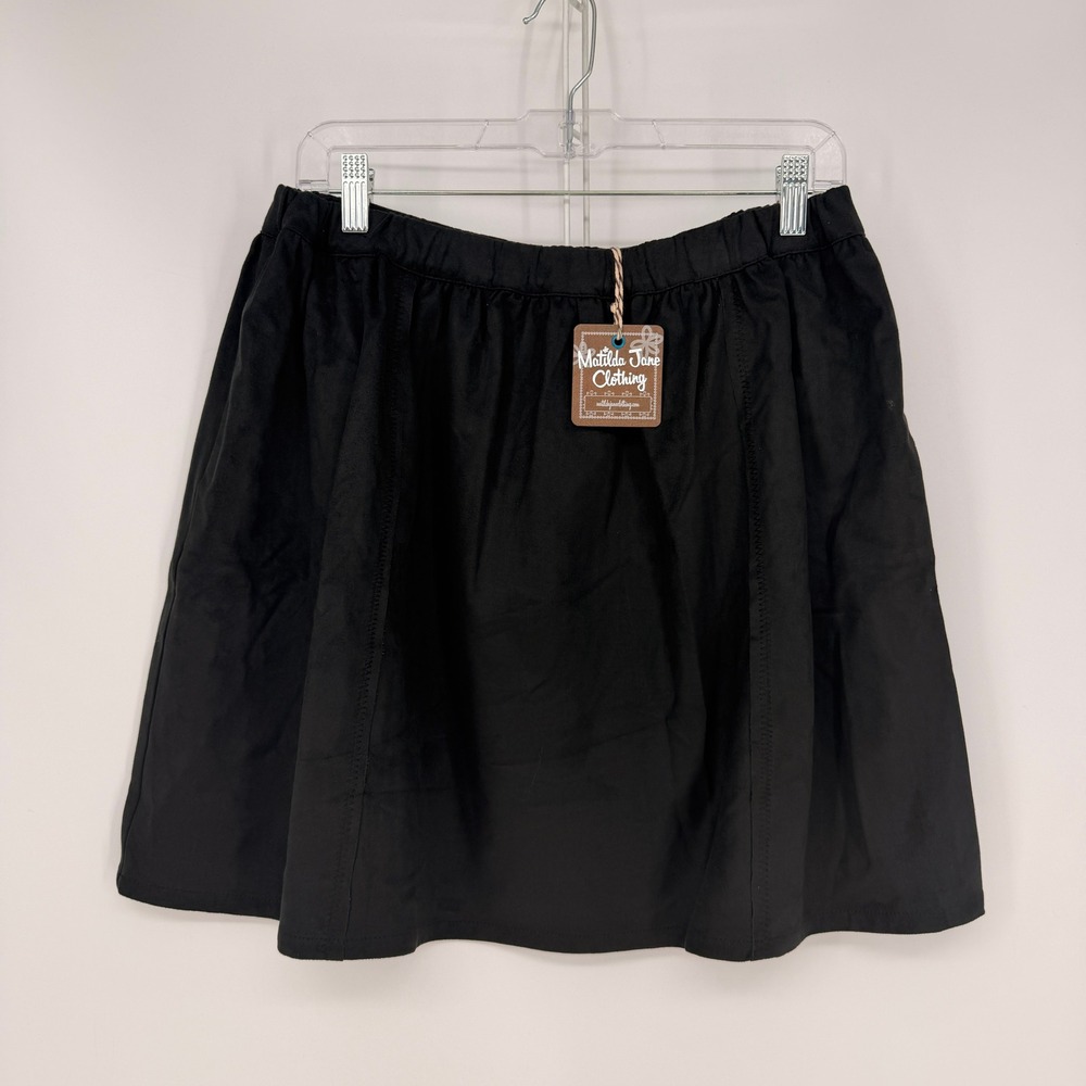 Matilda Jane Mini Skirt L Black Faux Suede ALine Elastic Waist Pocket Whimsigoth